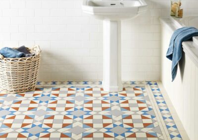 Original Style Victorian Floor - Eltham Pattern with Modified Kingsley Border in Grey, Red, Dover White, Pugin Blue and Blue