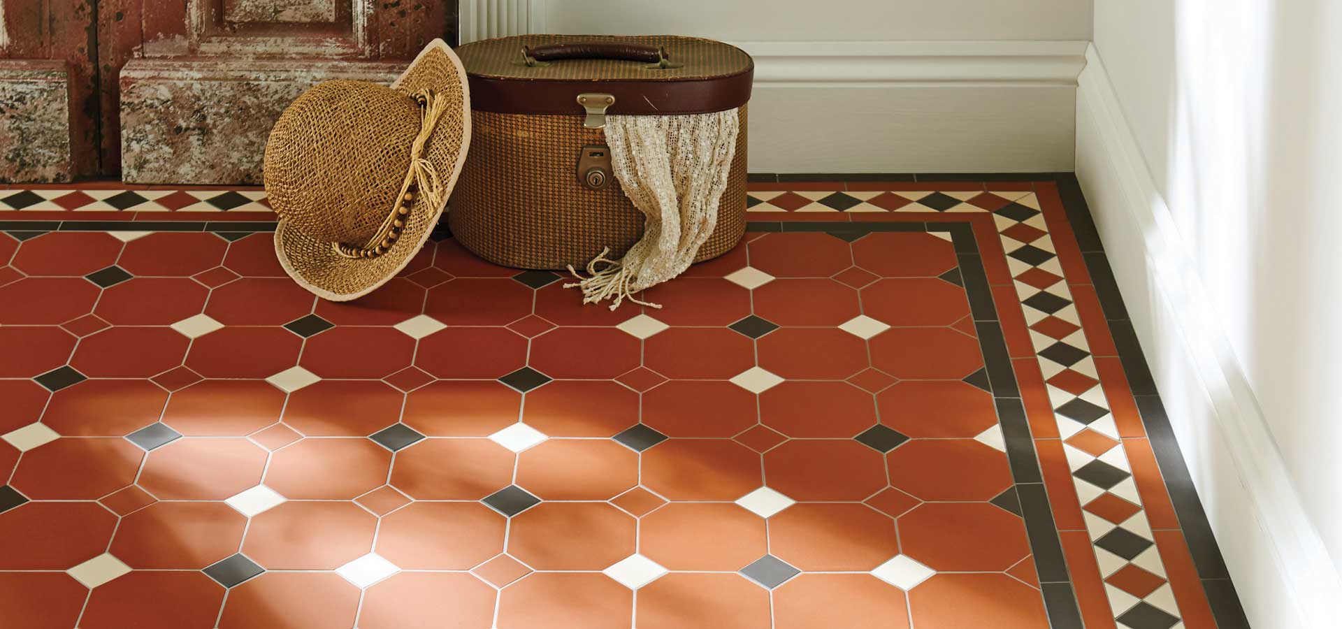 Original Style Victorian Floor Tiles - Harrogate pattern and modified Kingsley border in Red, Black and White Slider