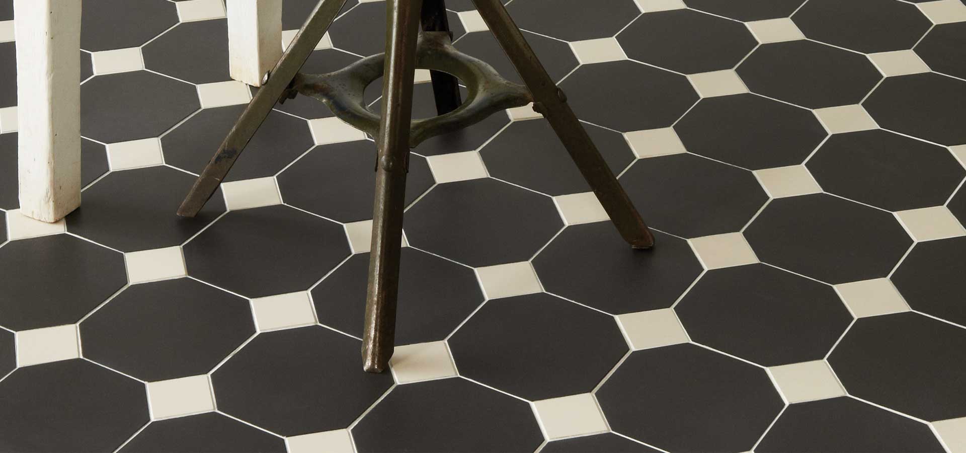 Original Style Victorian Floor Tiles - York pattern in Black and Dover White with Winchester Sloe Slider